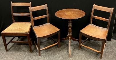 A pair of William IV elm chairs; a George III tilt-top tripod table, 73cm high x 52cm diameter; 19th