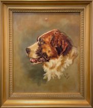 English School, 19th Century, bust Portrait of a Dog, possibly a St Bernard, signed with initials