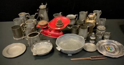 A 19th century pewter coffee pot, assorted ale mugs, tankards, dished plate, inkwell etc qty