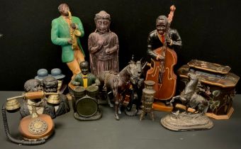 A patinated spelter figure, Marley Horse; Minstrel Musicians, leather Race Horse, coffee grinder,