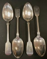 A pair of Victorian silver serving spoons, H J Lias & Son , London 1866, another pair, Benjamin