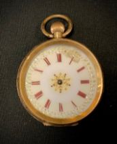 A Continental 18ct gold cased open face pocket watch, white dial, Red roman numerals, stem wind