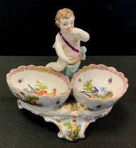 A 19th century continental porcelain twin bowl table salt, probably KPM Berlin, faint painted and