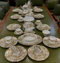 An extensive Royal Crown Derby ‘Green Derby Panel’ table service for ten comprised; tea pot,