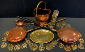 Brass & Copper - 19th century and later horse brasses, on leather straps and loose, Haws watering