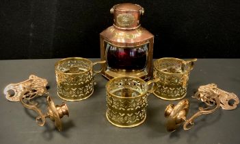 Brass and Copper - set of three Victorian brass chamberstick candle holders, pierced bodies, ring