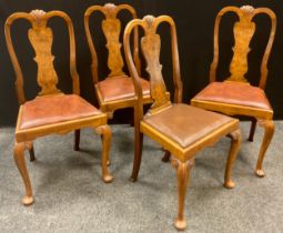 A set of four burr-walnut Queen Anne style dining chairs, mid 20th century, 99cm high x 53cm wide