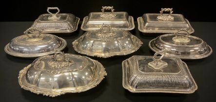 Silver plate - Four pairs of Victorian and later silver plated entrée dishes, shaped rectangular,