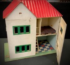 A 20th century two-story dolls house, fitted interior, painted cream, red and green, 61cm x 53cm x