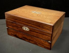 A Victorian rosewood and mother of pearl marquetry rectangular combination work and writing box, c.