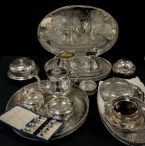 A large oval silver plated galleried tray, others, round, rectangular, three piece tea set, pedestal