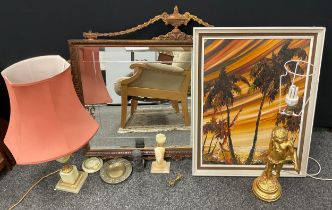A green onyx and gilt metal table lamp; another gilt Eros, carved stone busts, Palm Tree sunset,