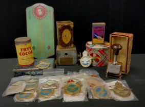 Boxes and Objects - tins including shell decorated revolving calendar tin, 13cm high, Sarony