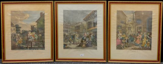 William Hogarth, after, A set of three coloured prints, Morning, Noon, and Evening, 60cm x 50cm, (