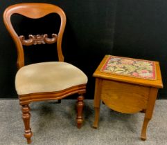 An oak tapestry topped commode stool; Victorian mahogany balloon back dining chair, carved rail (2)