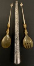 A pair of Silver Mounted Horn salad servers, spoon and fork, with Scottish thistle shield silver