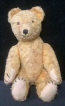 An early 20th century jointed golden mohair teddy bear, black boot button eyes, pronounced snout and