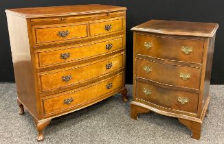 A George III style burr walnut veneered bachelor’s chest, bow-front, brush slide to top, over four