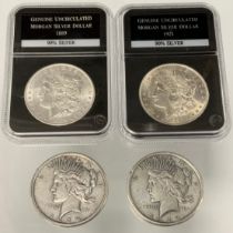 Coins & Tokens - American silver Morgan Dollars, PCS Stamp and Coin Certification cases, 1889 &