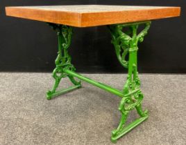A marble-top table, Coalbrookdale style cast iron base, painted green, 75cm high x 85cm x 78.5cm.