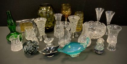 A Murano glass boat bowl, another opaline glass, Simon Pearce Windsor pattern jug, cut glass