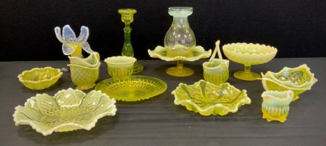 A Victorian Uranium Vaseline glass posy vase, footed comport, bowls, baskets, candlestick,