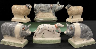 A pair of Rye pottery models as Belted Boar and Sow pigs, another Champion ; pair of sheep etc (6)