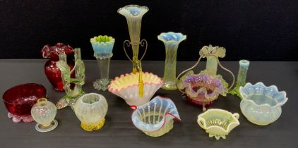 A Victorian Uranium Vaseline glass single branch epergne, others vases, cranberry and Vaseline