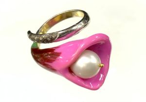 An unusual diamond and cultured pearl enamel flowerhead ring, tapering pink and red flowerhead crest