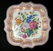 A large quatrefoil pink porcelain tray, decorated with flowers and gilded border, faux Sevres