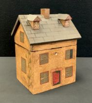 A reproduction Novelty tea caddy as a wooden house, hinged lid and key, 24cm high