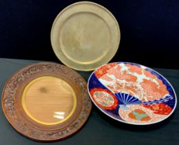 Oriental- a 20th century Japanese Imari painted charger,40cm dia, a delicately carved wood eccentric