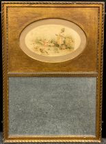 A 19th century French Trumeau over mantle or pier mirror, the top section with oval print of a