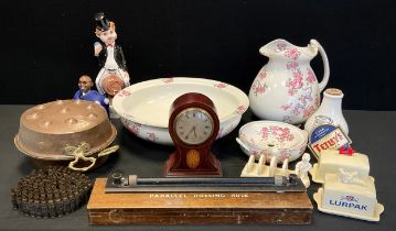 Boxes and objects - Edwardian balloon clock, copper flan dish, parallel rolling rule, 20th century