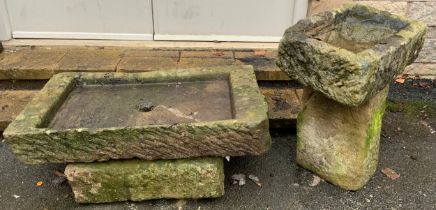 A shallow Derbyshire Gritstone trough, 14cm high x 89cm x 52cm, associated base; another, 15cm