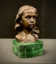 A bronzed metal bust of girl mounted on marbleised plinth, 16cm high