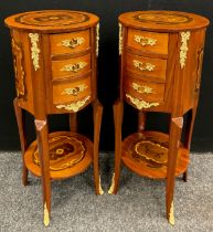 A pair of Louis XV style marquetry inlaid bedside cabinets, 75.5cm high x 33cm diameter,