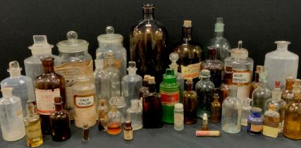 19th century and later apothecary bottles including clear jars, labeled jars, poison, Newsholme