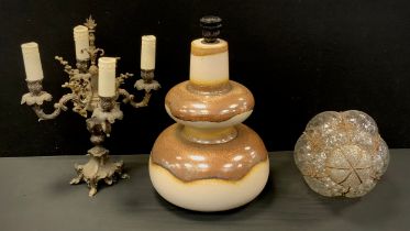 A mid 20th century West German Fat lava brown banded table lamp, DA 86; a Murano or Venetian clear