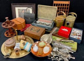 Boxes and objects - 1950’s radio, brass watering can, copper lidded caddy, cigar boxes, playing