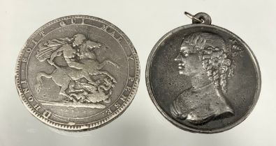 George III silver crown, 1820, 27.5g; Jacobite Rebellion lead or pewter coloured metal Bonnie Prince