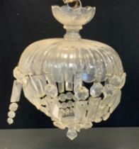 A cut glass multi droplet ceiling light chandelier, circular body, 25cm dimeter, 36cm drop