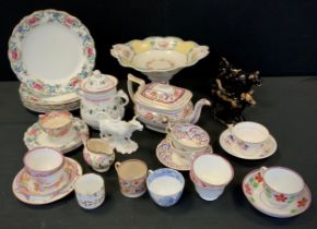 A 19th century Staffordshire teapot, cups and saucers, Minton, plate, Jack field and other Cow