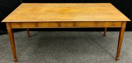 A figured maple veneer dining table, 76.5cm high x 182.5cm x 91.5cm.