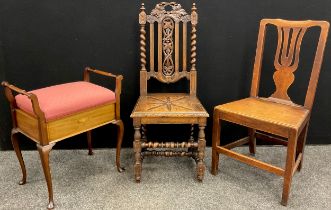 A Victorian carved oak hall chair; a 19th century elm kitchen chair; an Edwardian piano seat, (3).