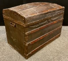 A Victorian leather-bound pine dome-top steamer or travel trunk, 63cm high x 85cm x 50cm.