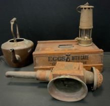 A vintage wooden egg box; Eccles miners safety lamp, railway carriage lamp, copper kettle, (4).