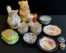 A Chinese blue and white tea cup, another; famille rose miniature vessel; pair of Dresden hand