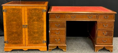 A walnut veneered pedestal desk, 76cm high x 121cm wide x 61cm deep; a burr walnut veneered side