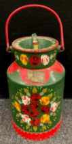 A Canal Art painted milk churn, multi colour floral design, green and red ground, marked G F.F.S W